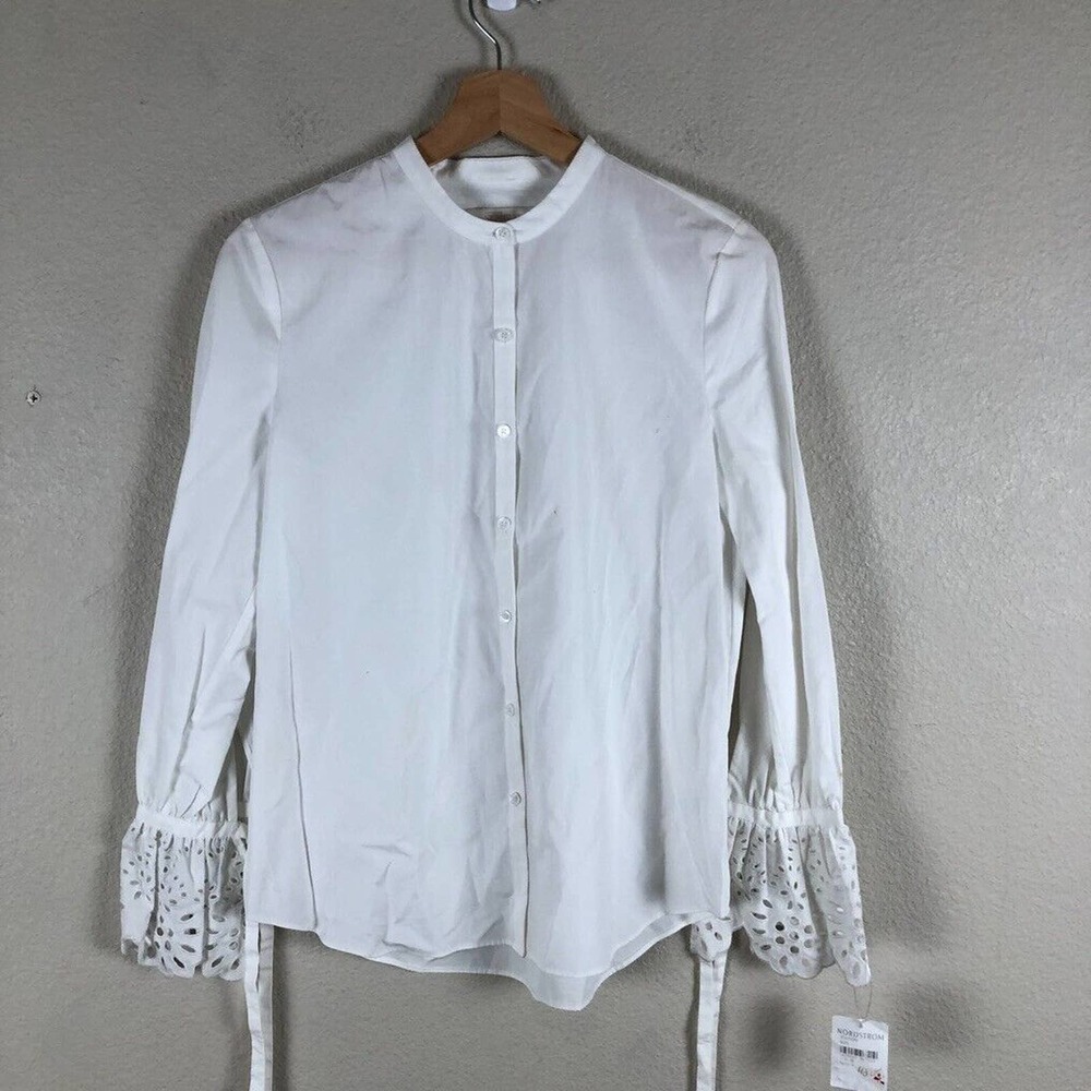 Nordstrom Shirt Women X Small White Cotton Eyelet Cuff Cottagecore Workwear